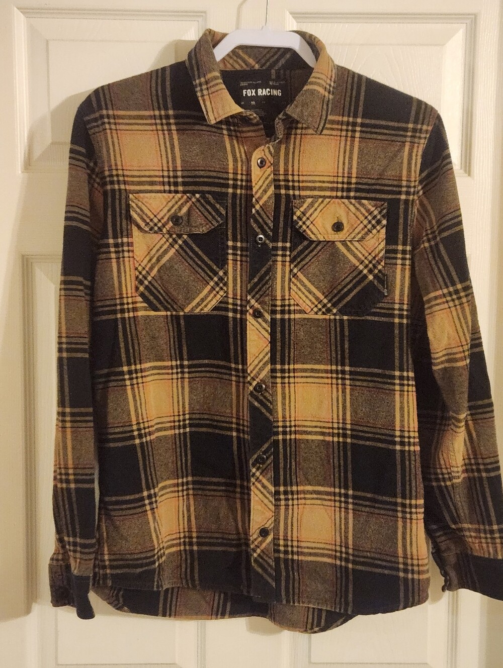 Fox Racing Size Medium Black & Tan Plaid Button-Up Flannel Shirt